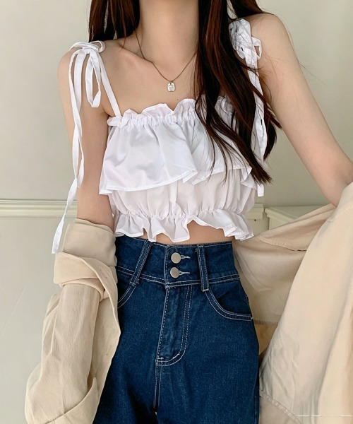 Miniministore（ミニミニストア）の「フリル キャミソール ペプラムキャミ夏服（キャミソール・レディース・ベージュ/ピンク/カーキ/ブラック/ホワイト・FREE）」の10枚目の写真