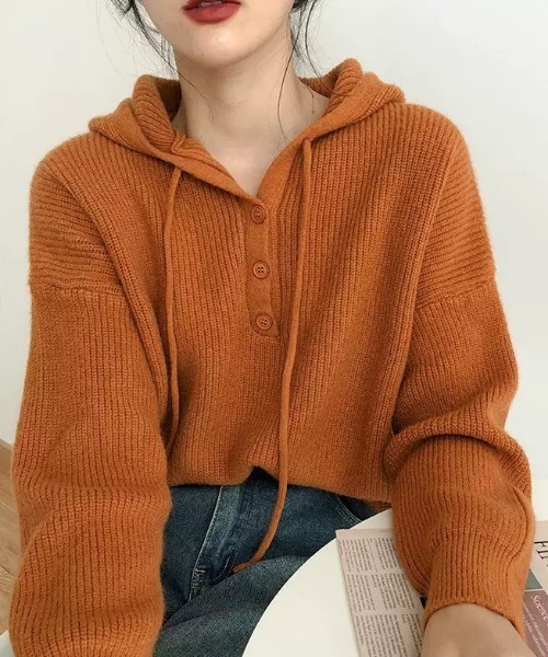 NANEA(ナネア)の「リブニットヘンリープルパーカー(パーカー・レディース・ブルー/オレンジ/グリーン/ベージュ/ブラック・フリー)」の1枚目の写真