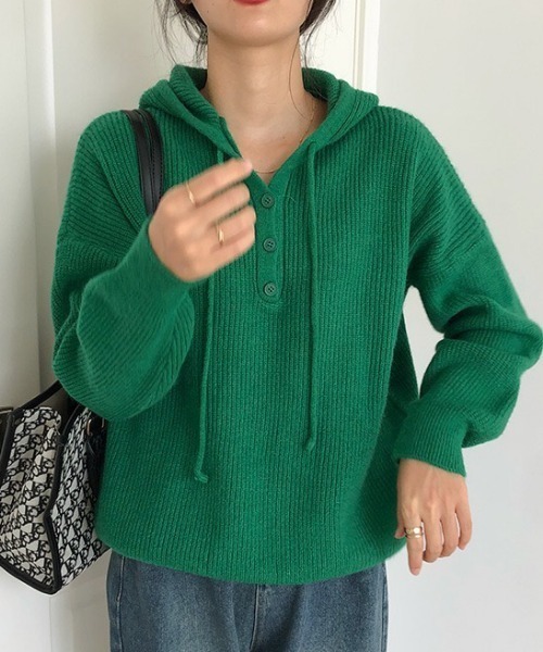 NANEA(ナネア)の「リブニットヘンリープルパーカー(パーカー・レディース・ブルー/オレンジ/グリーン/ベージュ/ブラック・フリー)」の4枚目の写真