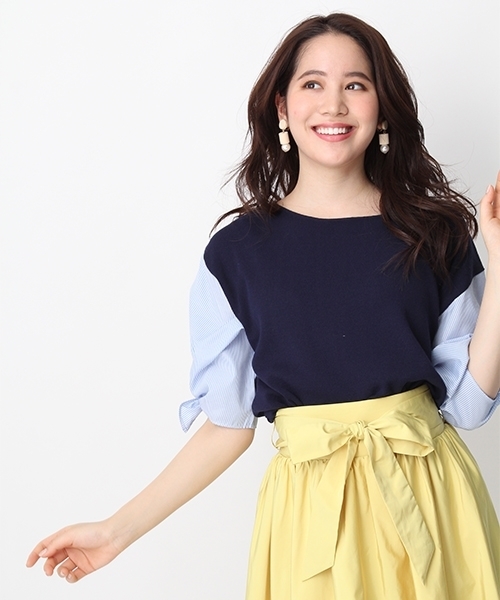 Andemiu（アンデミュウ）の「ソデストライプリボンプルオーバー750012（ニット/セーター・レディース・ネイビー/グレー/ホワイト・FREE）」の3枚目の写真