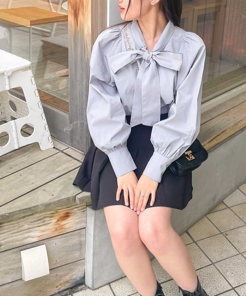 frunco(フランコ)の「コットンボウタイブラウス(シャツ/ブラウス・レディース・ホワイト/ピンク/ブラック/ブルー/ブルーグレー/ネイビー/グリーン・FREE)」の4枚目の写真