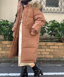 フェイクファーフーディロングダウンコート