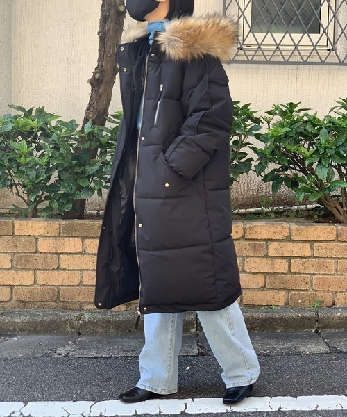 フェイク ダウンコート フーディー ロング丈 フェイクファー フェイクファーフーディロングダウンコート（ダウンジャケット