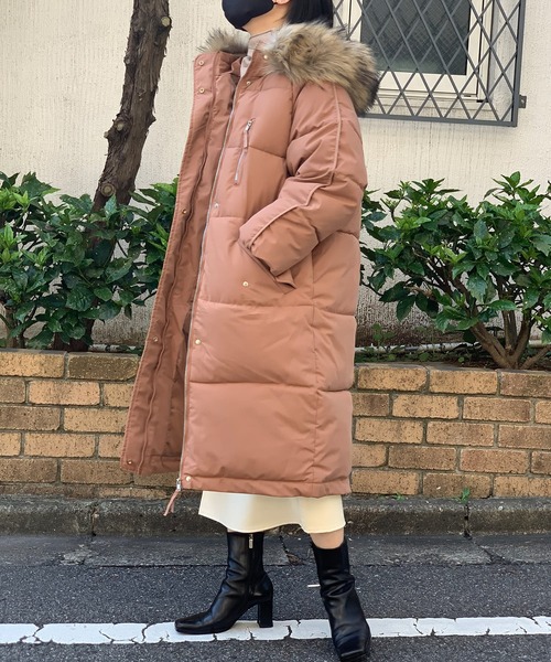 フェイク ダウンコート フーディー ロング丈 フェイクファー フェイクファーフーディロングダウンコート（ダウンジャケット