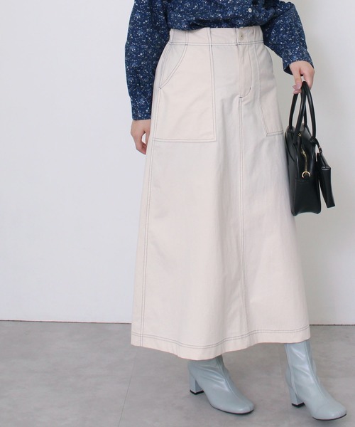 POU DOU DOU（プードゥドゥ）の「アーミークロス微起毛ベイカースカート（スカート・レディース・カーキ/インディゴブルー/キナリ・3）」の2枚目の写真