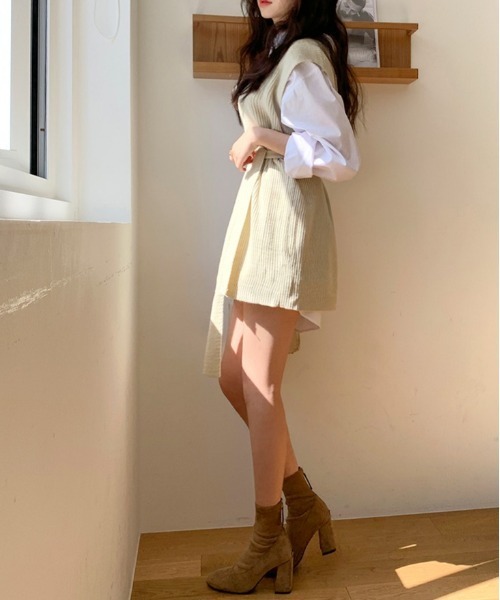 chuu（チュー）の「CHUU ニットVネックdress（ワンピース・レディース・ベージュ/ブラック・FREE）」の10枚目の写真