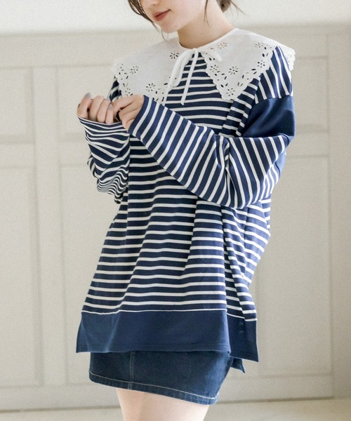 OLIVE des OLIVE（オリーブデオリーブ）の「ボーダーつけ衿チュニックプルオーバー（Tシャツ/カットソー・レディース・ネイビー/オフホワイト/グリーン・FREE）」の3枚目の写真