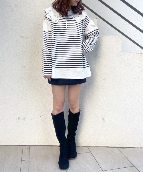 OLIVE des OLIVE（オリーブデオリーブ）の「ボーダーつけ衿チュニックプルオーバー（Tシャツ/カットソー・レディース・ネイビー/オフホワイト/グリーン・FREE）」の4枚目の写真