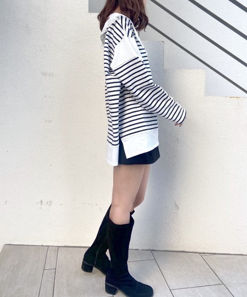 OLIVE des OLIVE（オリーブデオリーブ）の「ボーダーつけ衿チュニックプルオーバー（Tシャツ/カットソー・レディース・ネイビー/オフホワイト/グリーン・FREE）」の5枚目の写真