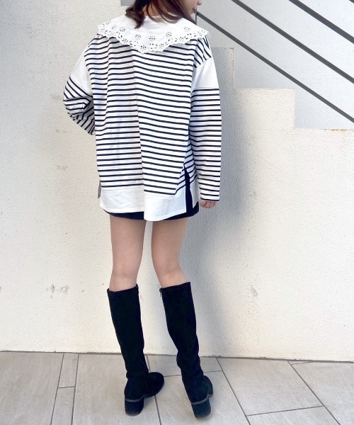 OLIVE des OLIVE（オリーブデオリーブ）の「ボーダーつけ衿チュニックプルオーバー（Tシャツ/カットソー・レディース・ネイビー/オフホワイト/グリーン・FREE）」の6枚目の写真