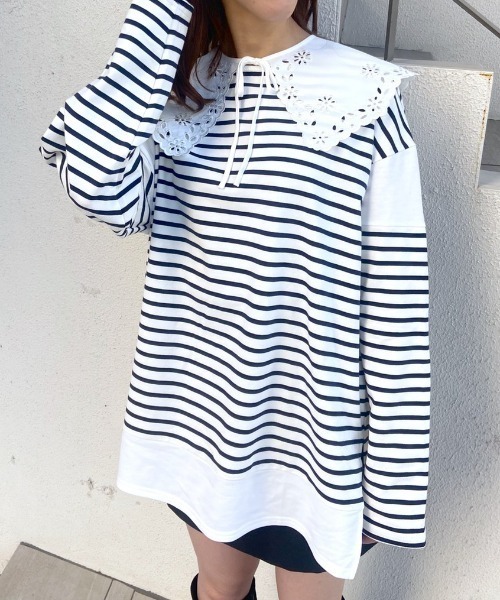 OLIVE des OLIVE（オリーブデオリーブ）の「ボーダーつけ衿チュニックプルオーバー（Tシャツ/カットソー・レディース・ネイビー/オフホワイト/グリーン・FREE）」の7枚目の写真