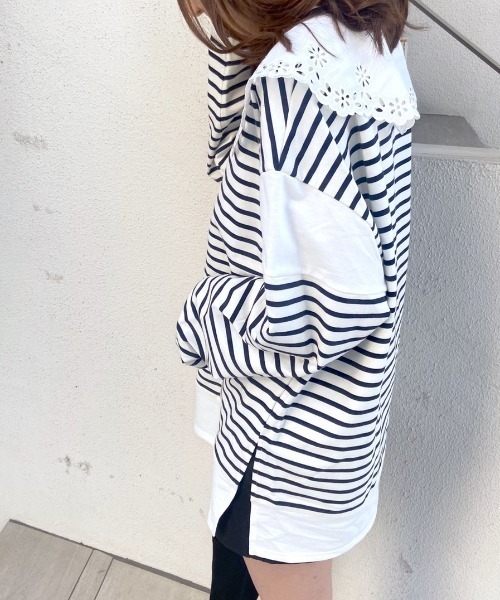 OLIVE des OLIVE（オリーブデオリーブ）の「ボーダーつけ衿チュニックプルオーバー（Tシャツ/カットソー・レディース・ネイビー/オフホワイト/グリーン・FREE）」の8枚目の写真