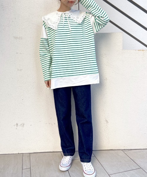 OLIVE des OLIVE（オリーブデオリーブ）の「ボーダーつけ衿チュニックプルオーバー（Tシャツ/カットソー・レディース・ネイビー/オフホワイト/グリーン・FREE）」の10枚目の写真