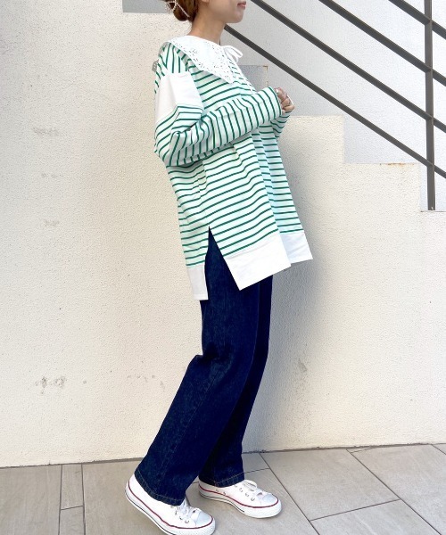 OLIVE des OLIVE（オリーブデオリーブ）の「ボーダーつけ衿チュニックプルオーバー（Tシャツ/カットソー・レディース・ネイビー/オフホワイト/グリーン・FREE）」の11枚目の写真