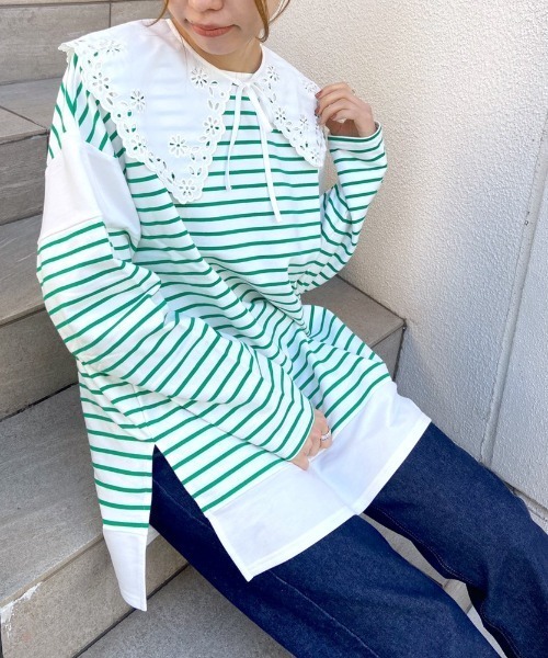 OLIVE des OLIVE（オリーブデオリーブ）の「ボーダーつけ衿チュニックプルオーバー（Tシャツ/カットソー・レディース・ネイビー/オフホワイト/グリーン・FREE）」の13枚目の写真