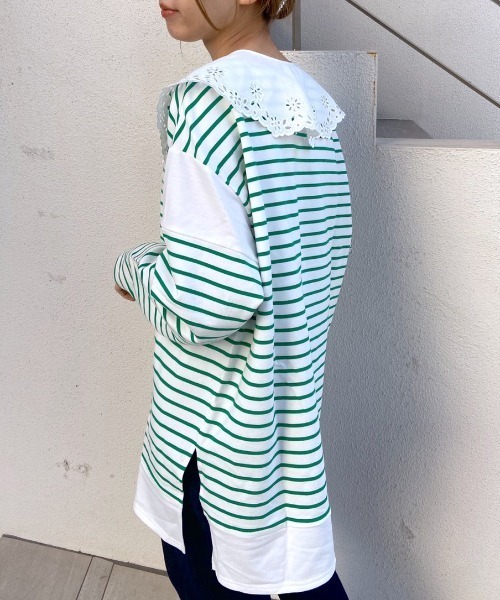 OLIVE des OLIVE（オリーブデオリーブ）の「ボーダーつけ衿チュニックプルオーバー（Tシャツ/カットソー・レディース・ネイビー/オフホワイト/グリーン・FREE）」の14枚目の写真