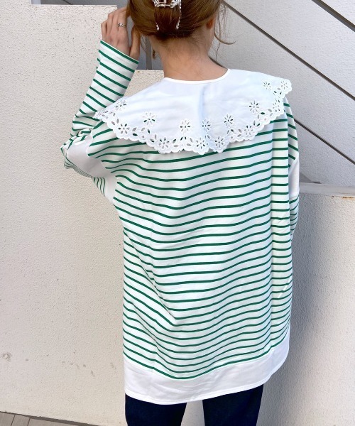 OLIVE des OLIVE（オリーブデオリーブ）の「ボーダーつけ衿チュニックプルオーバー（Tシャツ/カットソー・レディース・ネイビー/オフホワイト/グリーン・FREE）」の15枚目の写真