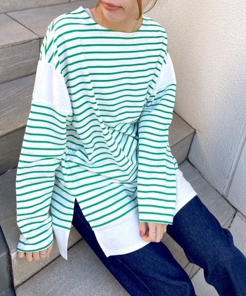 OLIVE des OLIVE（オリーブデオリーブ）の「ボーダーつけ衿チュニックプルオーバー（Tシャツ/カットソー・レディース・ネイビー/オフホワイト/グリーン・FREE）」の16枚目の写真