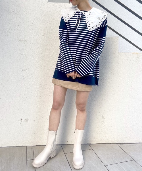 OLIVE des OLIVE（オリーブデオリーブ）の「ボーダーつけ衿チュニックプルオーバー（Tシャツ/カットソー・レディース・ネイビー/オフホワイト/グリーン・FREE）」の17枚目の写真