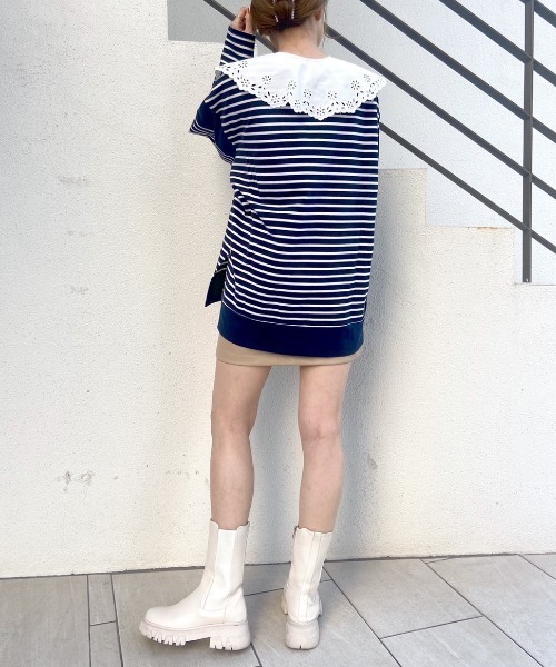 OLIVE des OLIVE（オリーブデオリーブ）の「ボーダーつけ衿チュニックプルオーバー（Tシャツ/カットソー・レディース・ネイビー/オフホワイト/グリーン・FREE）」の19枚目の写真