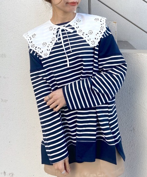 OLIVE des OLIVE（オリーブデオリーブ）の「ボーダーつけ衿チュニックプルオーバー（Tシャツ/カットソー・レディース・ネイビー/オフホワイト/グリーン・FREE）」の20枚目の写真