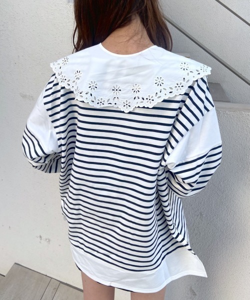 OLIVE des OLIVE（オリーブデオリーブ）の「ボーダーつけ衿チュニックプルオーバー（Tシャツ/カットソー・レディース・ネイビー/オフホワイト/グリーン・FREE）」の9枚目の写真