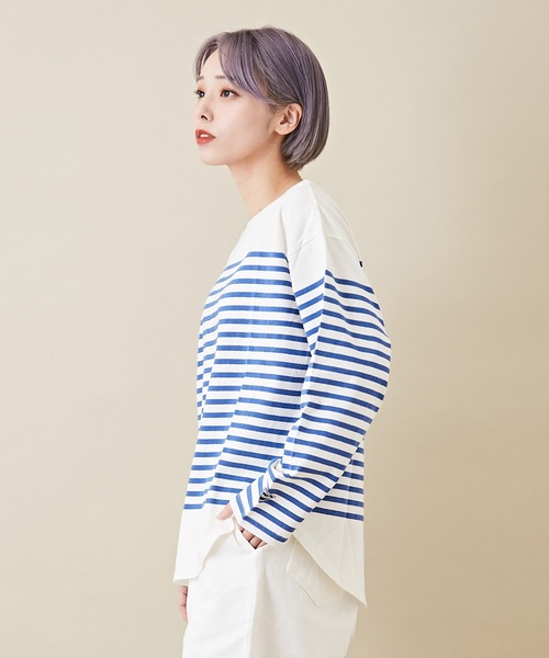 CUBE SUGAR（キューブシュガー）の「空紡糸カットソーパネルボーダー長袖バスクＴシャツ（Tシャツ/カットソー・レディース・ブラック/ベージュ/マルチ/ラベンダー/ブルー・M）」の4枚目の写真