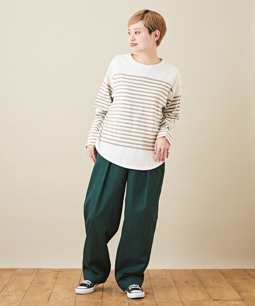 CUBE SUGAR（キューブシュガー）の「空紡糸カットソーパネルボーダー長袖バスクＴシャツ（Tシャツ/カットソー・レディース・ブラック/ベージュ/マルチ/ラベンダー/ブルー・M）」の17枚目の写真