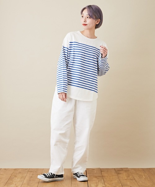 CUBE SUGAR（キューブシュガー）の「空紡糸カットソーパネルボーダー長袖バスクＴシャツ（Tシャツ/カットソー・レディース・ブラック/ベージュ/マルチ/ラベンダー/ブルー・M）」の22枚目の写真