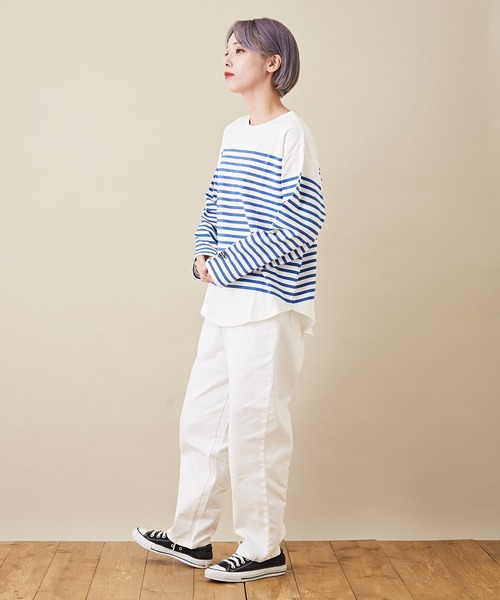 CUBE SUGAR（キューブシュガー）の「空紡糸カットソーパネルボーダー長袖バスクＴシャツ（Tシャツ/カットソー・レディース・ブラック/ベージュ/マルチ/ラベンダー/ブルー・M）」の12枚目の写真