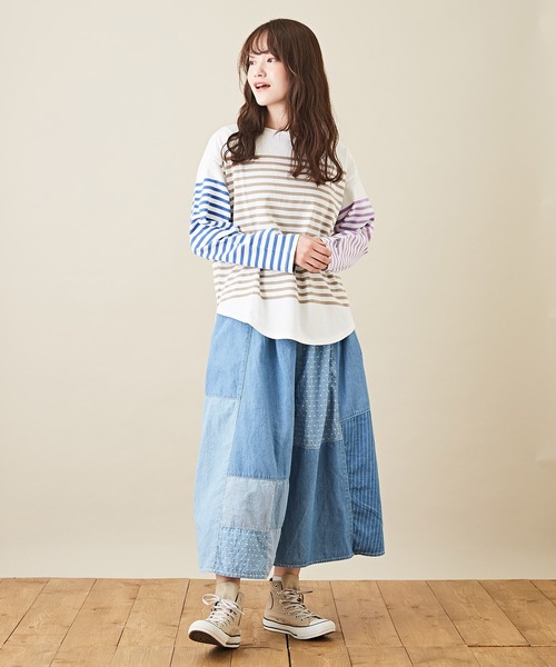 CUBE SUGAR（キューブシュガー）の「空紡糸カットソーパネルボーダー長袖バスクＴシャツ（Tシャツ/カットソー・レディース・ブラック/ベージュ/マルチ/ラベンダー/ブルー・M）」の19枚目の写真