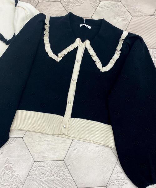 Allamanda(アラマンダ)の「ぽこぽこフラワー配色カーディガン(カーディガン/ボレロ・レディース・ブラック/アイボリー/ミント・M)」の2枚目の写真