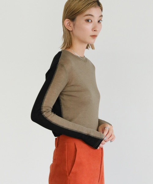 select MOCA(セレクトモカ)の「クルーネックバイカラーシアープルオーバー(Tシャツ/カットソー・レディース・ブラック/オリーブ/ブルー・FREE)」の9枚目の写真