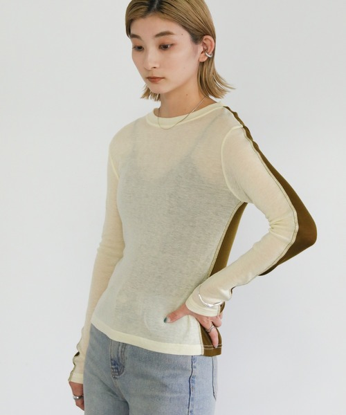 select MOCA(セレクトモカ)の「クルーネックバイカラーシアープルオーバー(Tシャツ/カットソー・レディース・ブラック/オリーブ/ブルー・FREE)」の4枚目の写真