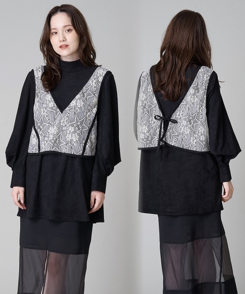 A de a.v.v（アードアー・ヴェ・ヴェ）の「レースベスト×プチハイネックスェードブラウス（Tシャツ/カットソー・レディース・ブラック/ピンク・SMALL/MEDIUM）」の2枚目の写真