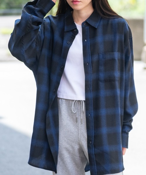 a】ソフトネル オンブレチェック オーバーサイズ シャツ 長袖（シャツ