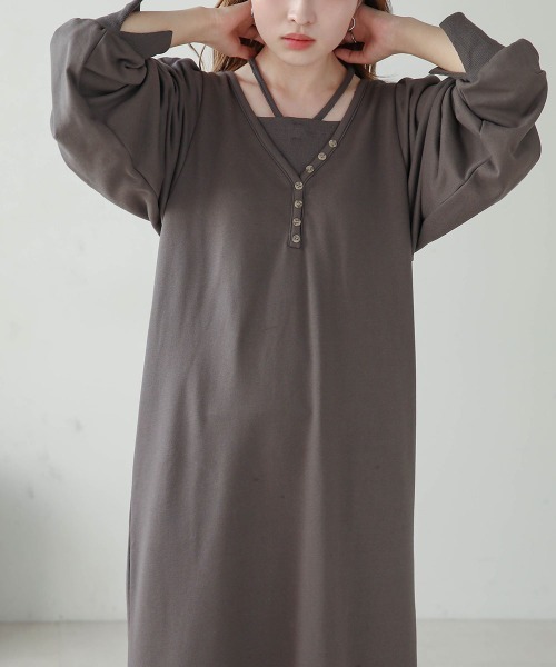 Bab（バブ）の「【低身長向けサイズあり】レイヤード風裏毛ワンピース（ワンピース・レディース・杢グレー/チャコールグレー/モカ・M/S）」の5枚目の写真
