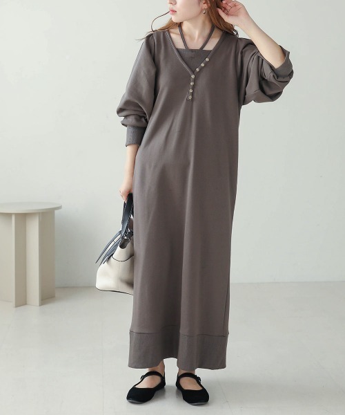 Bab（バブ）の「【低身長向けサイズあり】レイヤード風裏毛ワンピース（ワンピース・レディース・杢グレー/チャコールグレー/モカ・M/S）」の6枚目の写真