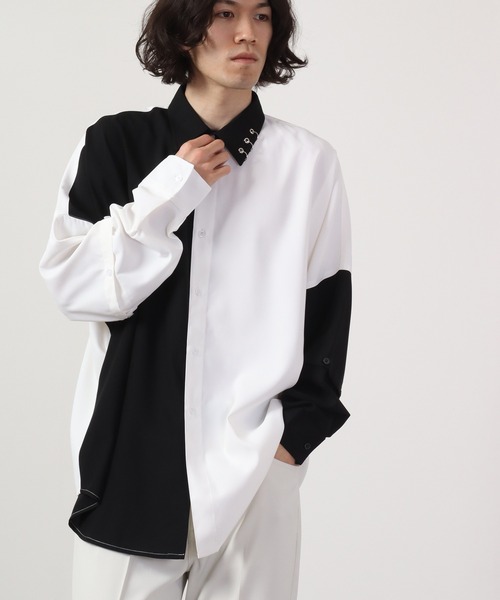 REGIEVO(レジエボ)の「Long sleeve shirt with 2WAY earrings / 2WAYピアス付き長袖シャツ(シャツ/ブラウス・メンズ・ブラック×ホワイト/ブラック/オフホワイト・L/M)」の2枚目の写真