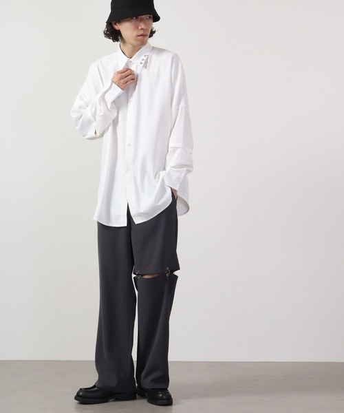 REGIEVO(レジエボ)の「Long sleeve shirt with 2WAY earrings / 2WAYピアス付き長袖シャツ(シャツ/ブラウス・メンズ・ブラック×ホワイト/ブラック/オフホワイト・L/M)」の9枚目の写真