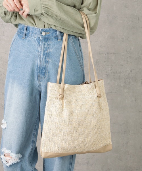 NAVY(ネイビー)の「雑材風コンビトートバッグ(トートバッグ・レディース・ベージュ/アイボリー/ブラック・フリー)」の3枚目の写真