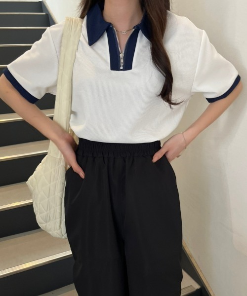 nemne store(ネンネストア)の「《Delfy》ワッフルポロハーフジップ(ポロシャツ・レディース・ネイビー/オフホワイト・フリー)」の9枚目の写真