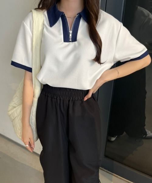 nemne store(ネンネストア)の「《Delfy》ワッフルポロハーフジップ(ポロシャツ・レディース・ネイビー/オフホワイト・フリー)」の12枚目の写真
