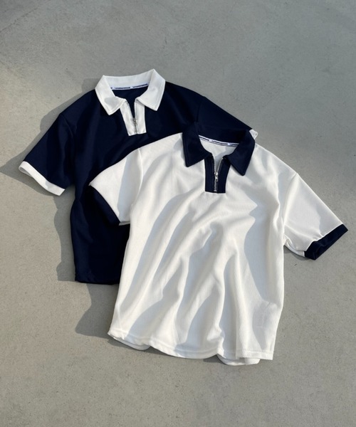 nemne store(ネンネストア)の「《Delfy》ワッフルポロハーフジップ(ポロシャツ・レディース・ネイビー/オフホワイト・フリー)」の8枚目の写真