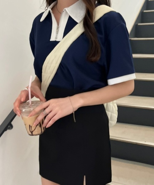 nemne store(ネンネストア)の「《Delfy》ワッフルポロハーフジップ(ポロシャツ・レディース・ネイビー/オフホワイト・フリー)」の13枚目の写真
