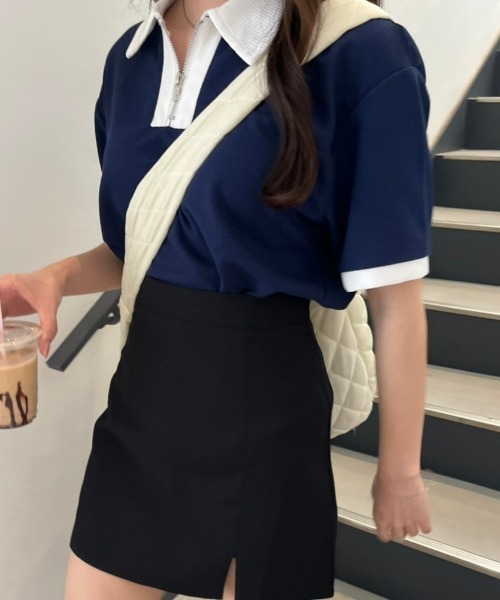 nemne store(ネンネストア)の「《Delfy》ワッフルポロハーフジップ(ポロシャツ・レディース・ネイビー/オフホワイト・フリー)」の10枚目の写真