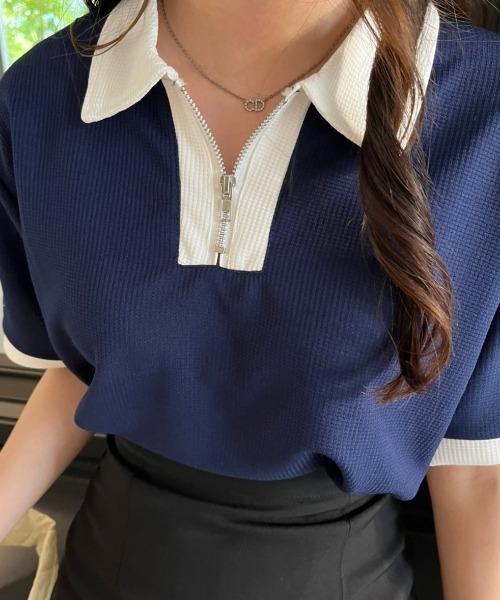 nemne store(ネンネストア)の「《Delfy》ワッフルポロハーフジップ(ポロシャツ・レディース・ネイビー/オフホワイト・フリー)」の18枚目の写真