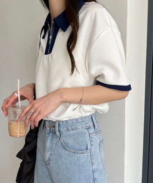 nemne store(ネンネストア)の「《Delfy》ワッフルポロハーフジップ(ポロシャツ・レディース・ネイビー/オフホワイト・フリー)」の19枚目の写真