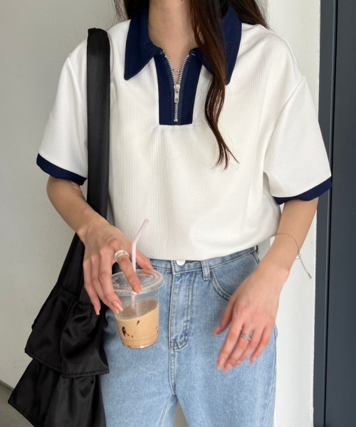 nemne store(ネンネストア)の「《Delfy》ワッフルポロハーフジップ(ポロシャツ・レディース・ネイビー/オフホワイト・フリー)」の17枚目の写真