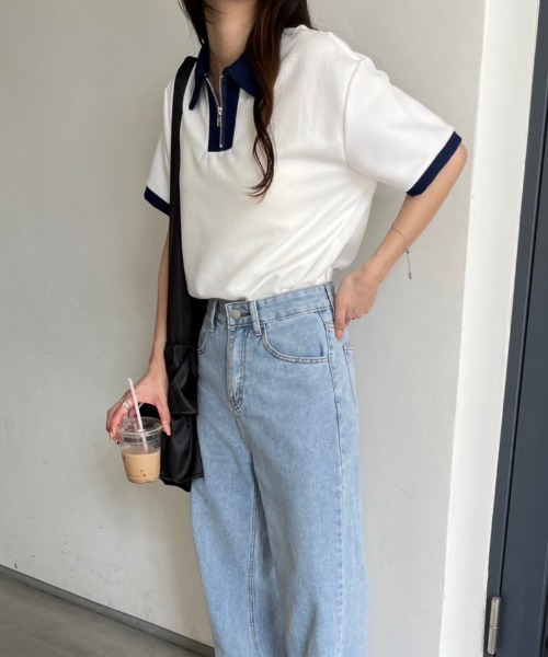 nemne store(ネンネストア)の「《Delfy》ワッフルポロハーフジップ(ポロシャツ・レディース・ネイビー/オフホワイト・フリー)」の5枚目の写真